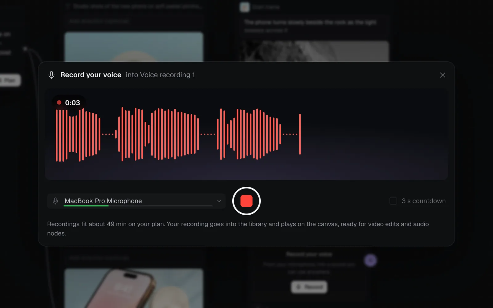 Record your voice, recording: 0:03, the voice drawn as bars across the window, MacBook Pro Microphone picked and the stop button