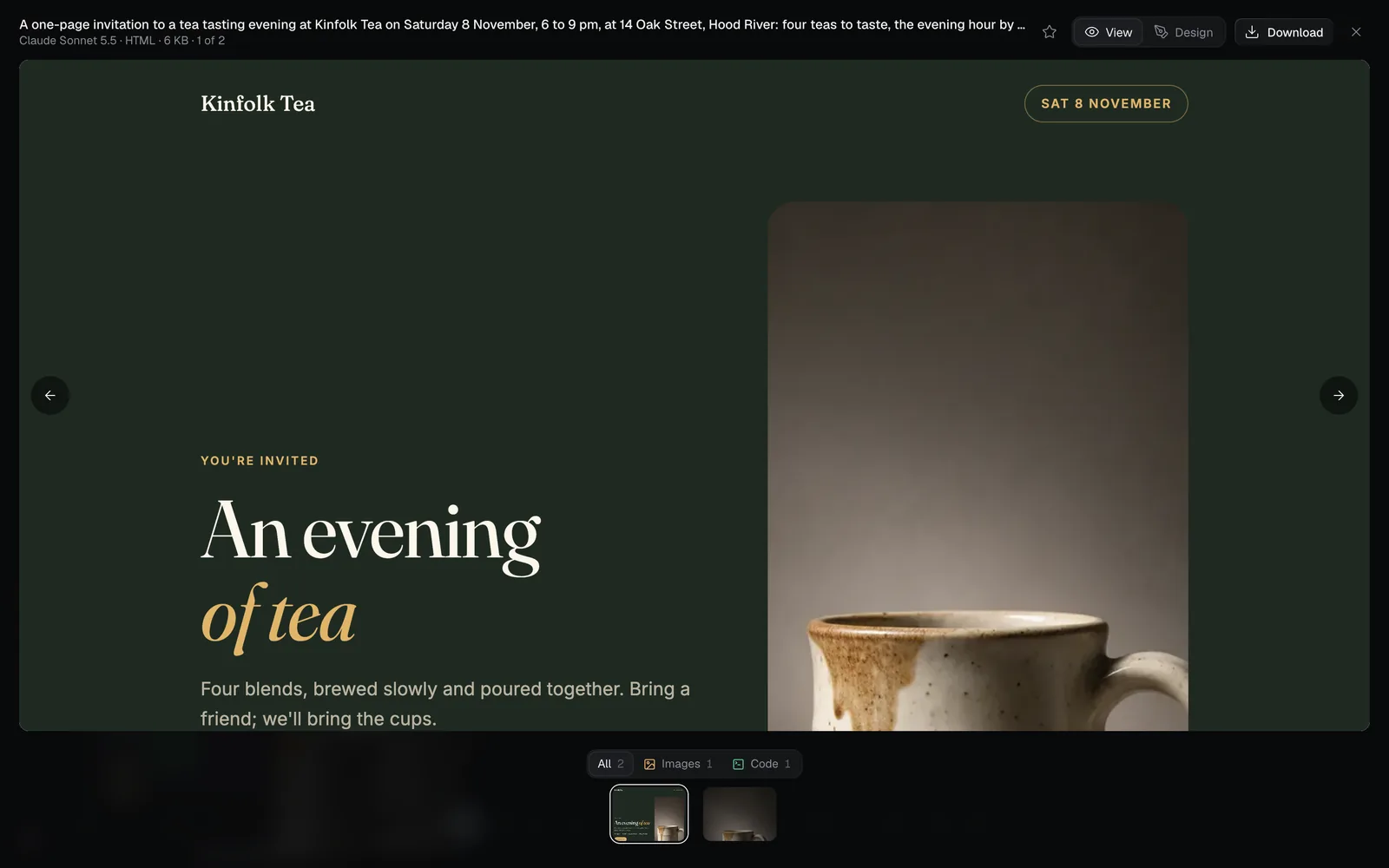 The Tasting evening page full size: Kinfolk Tea, Sat 8 November, An evening of tea and the mug photo, with View, Design and Download at the top