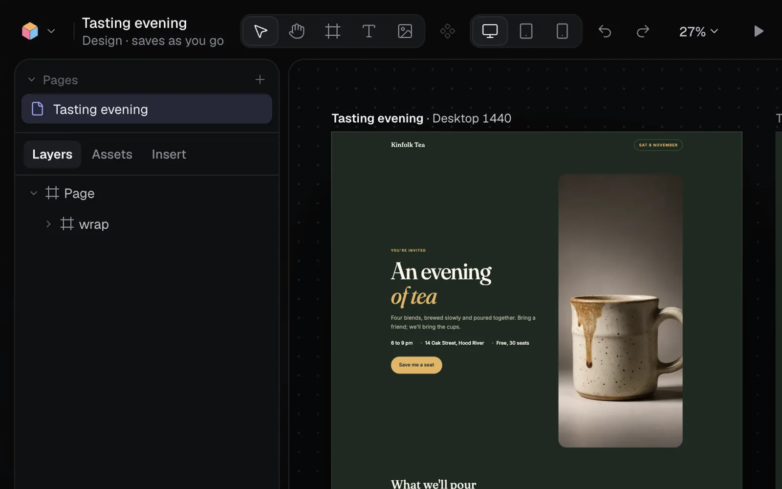 The Design tab open on the Tasting evening page: one page in the Pages list, its layers below, and the page on the stage at desktop width