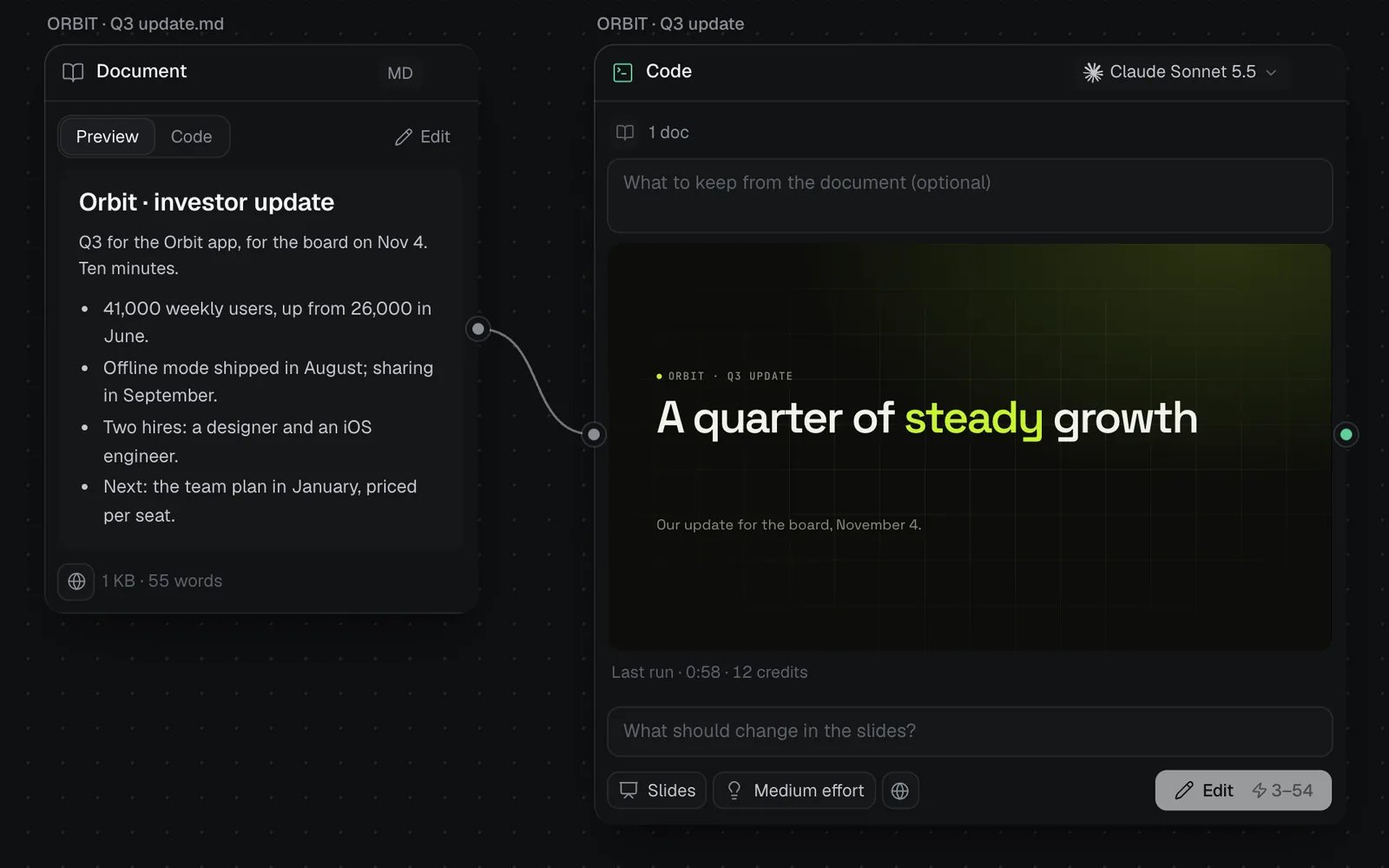 The deck AI wrote from the Orbit brief, in the Volt design: its title slide, A quarter of steady growth, on the tile, with What should change in the slides? and Edit under it