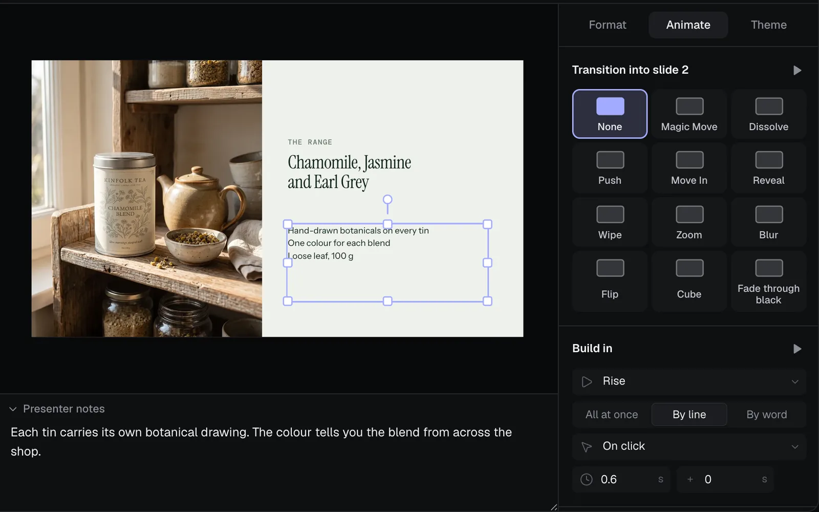 The Animate tab beside the Picture and text slide: Transition into slide 2 set to None, and its list of points picked and set to Rise, By line, On click