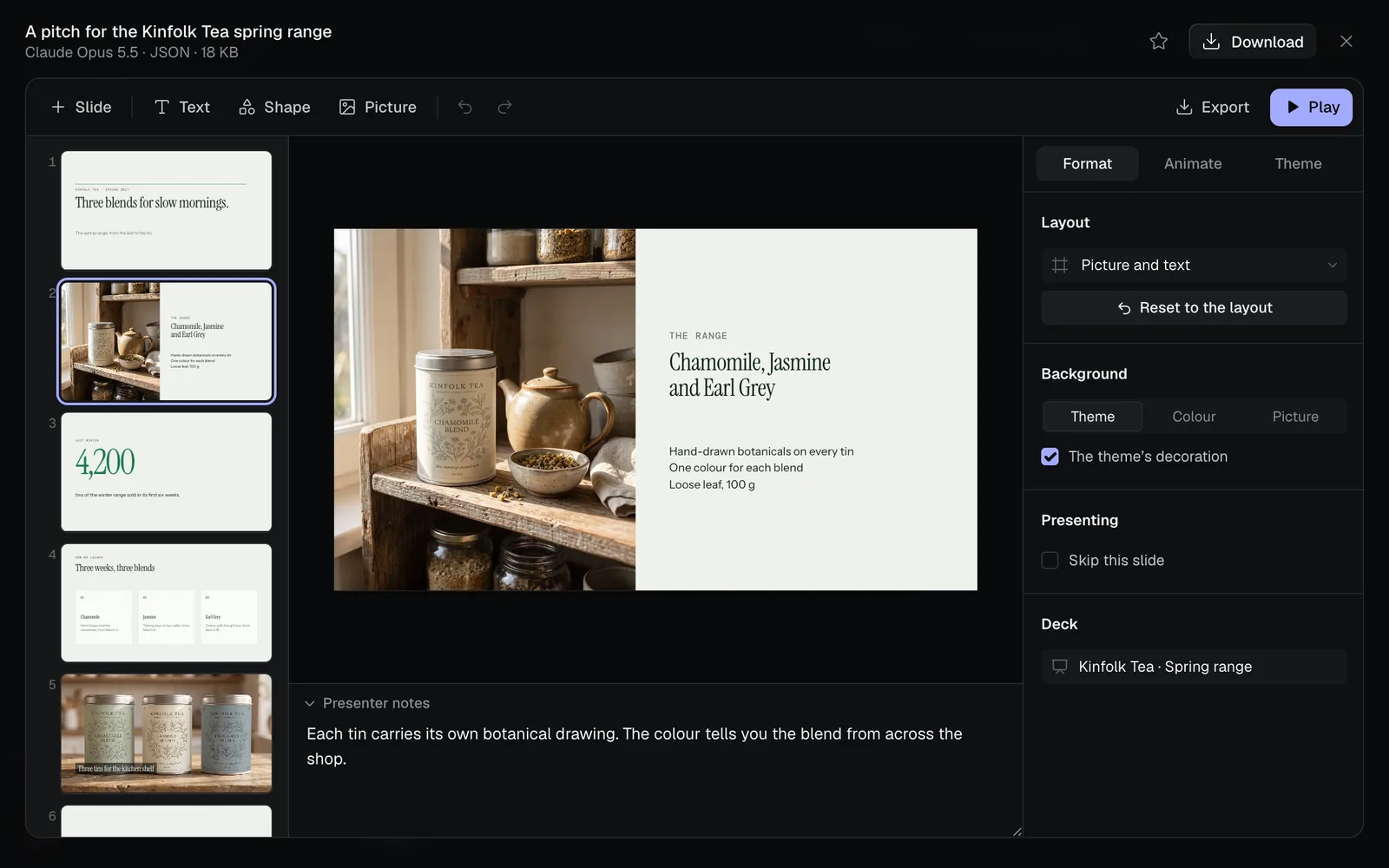 The slides editor: the toolbar along the top, the deck's slides down the left, the Picture and text slide on the stage with its presenter notes under it, and the Format tab on the right