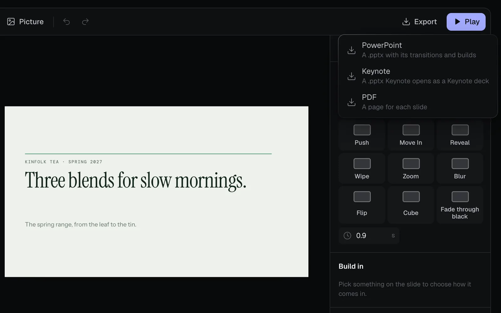 The Export menu open on PowerPoint, Keynote and PDF, each with a line on what it saves, over the Animate tab, beside the deck's title slide, Three blends for slow mornings