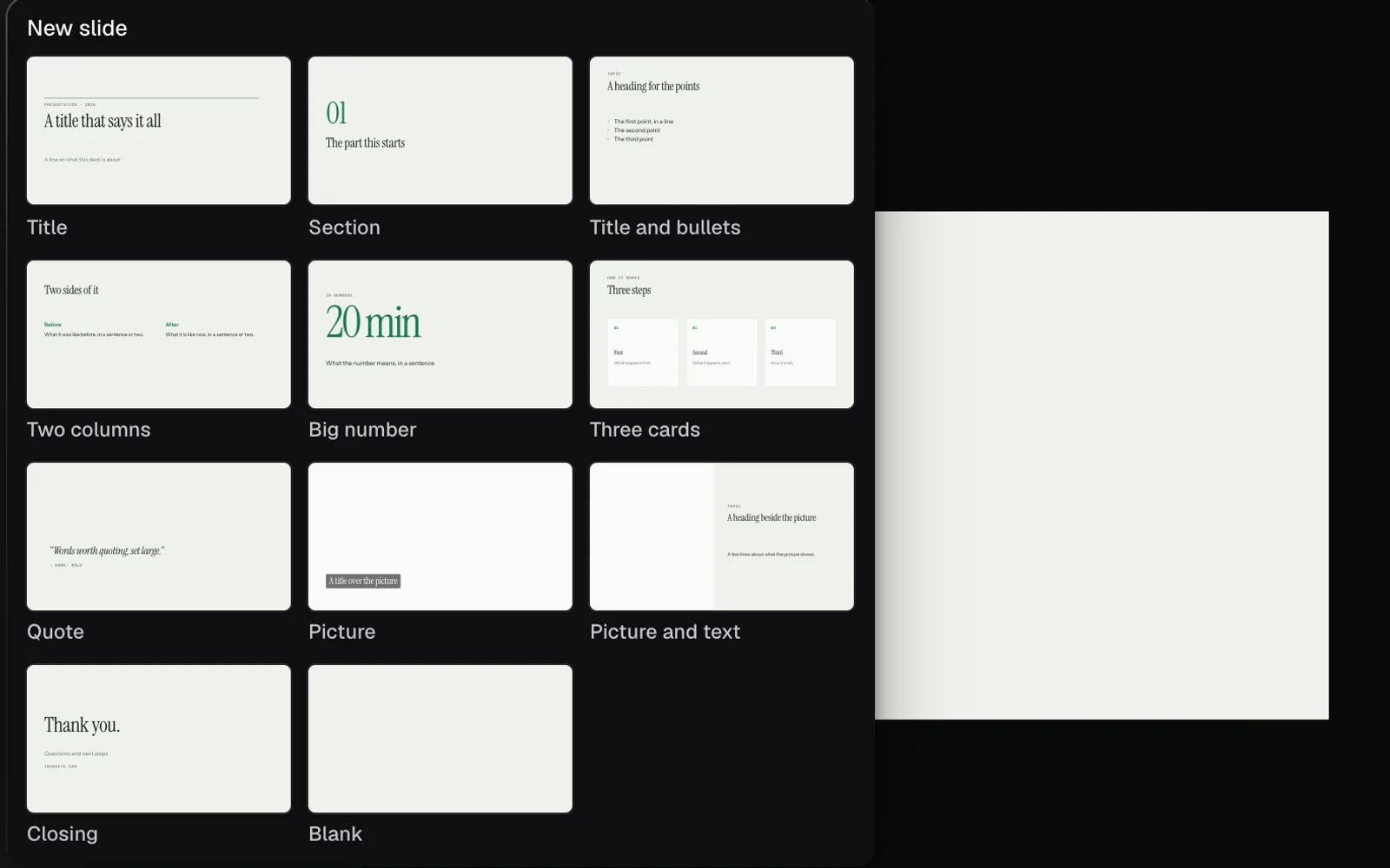 The New slide panel open over the editor: eleven layouts drawn in the deck's Editorial design, from Title, Section and Title and bullets to Picture and text, Closing and Blank