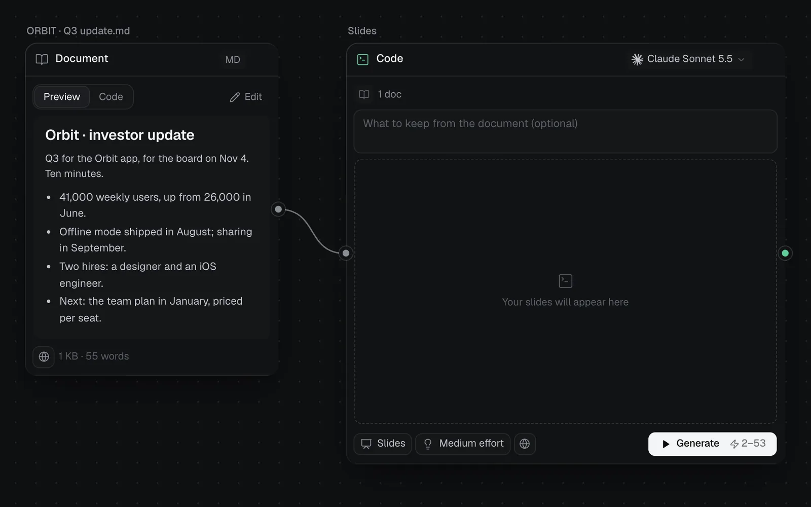 A brief for the Orbit app's Q3 update wired into a new Slides node on Claude Sonnet 5.5, its box reading What to keep from the document (optional), and Generate with its price