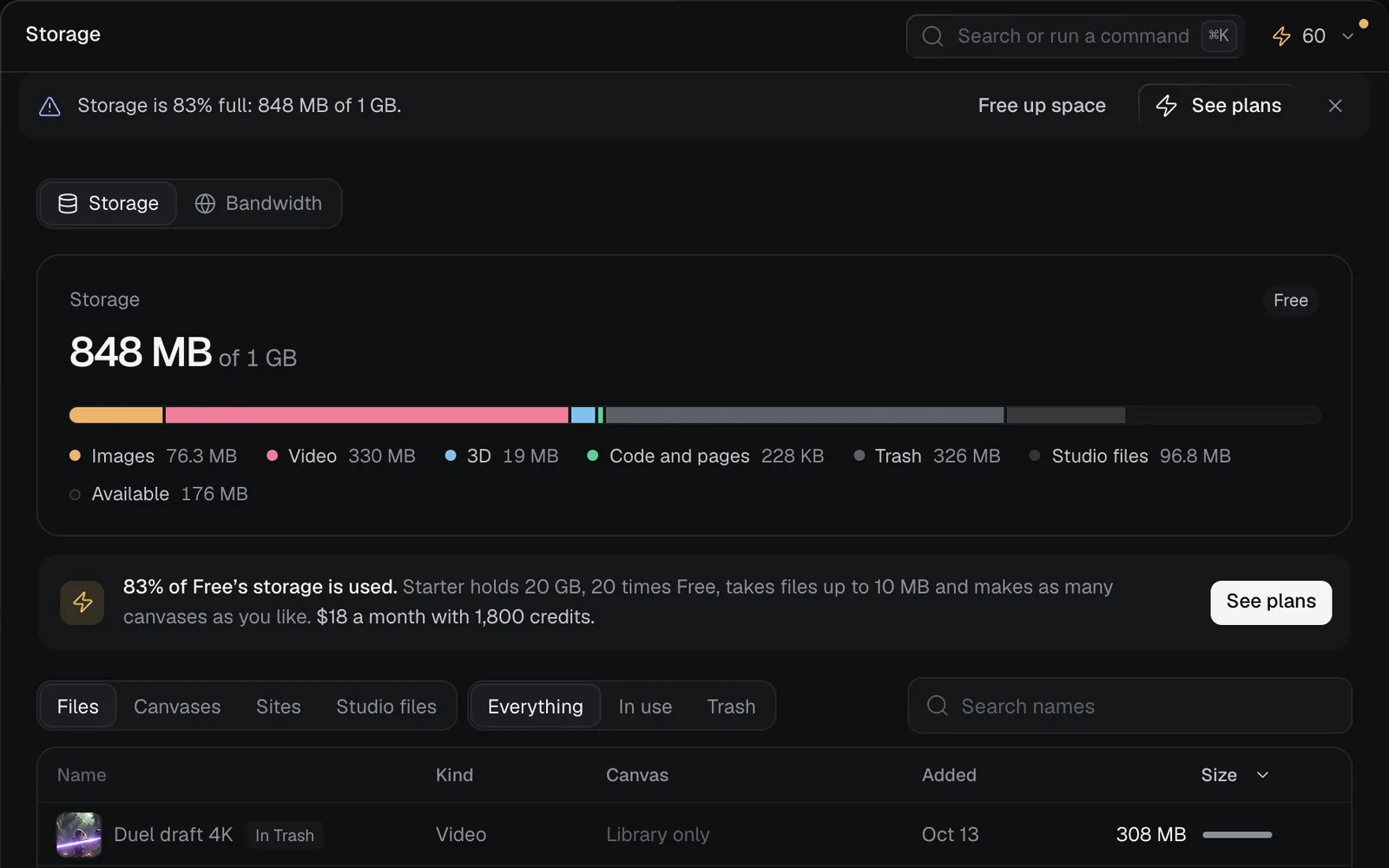 Free at 848 MB of 1 GB: Storage is 83% full: 848 MB of 1 GB under the top bar with Free up space and See plans, the bar with 326 MB in the Trash, and 83% of Free's storage is used. Starter holds 20 GB, 20 times Free, with See plans