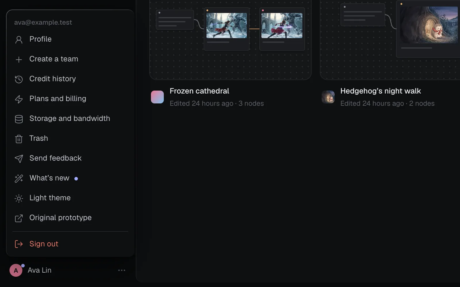 The account menu above Ava Lin: her email, then Profile, Create a team, Credit history, Plans and billing, Storage and bandwidth, Trash, Send feedback, What's new, Light theme, Original prototype and Sign out