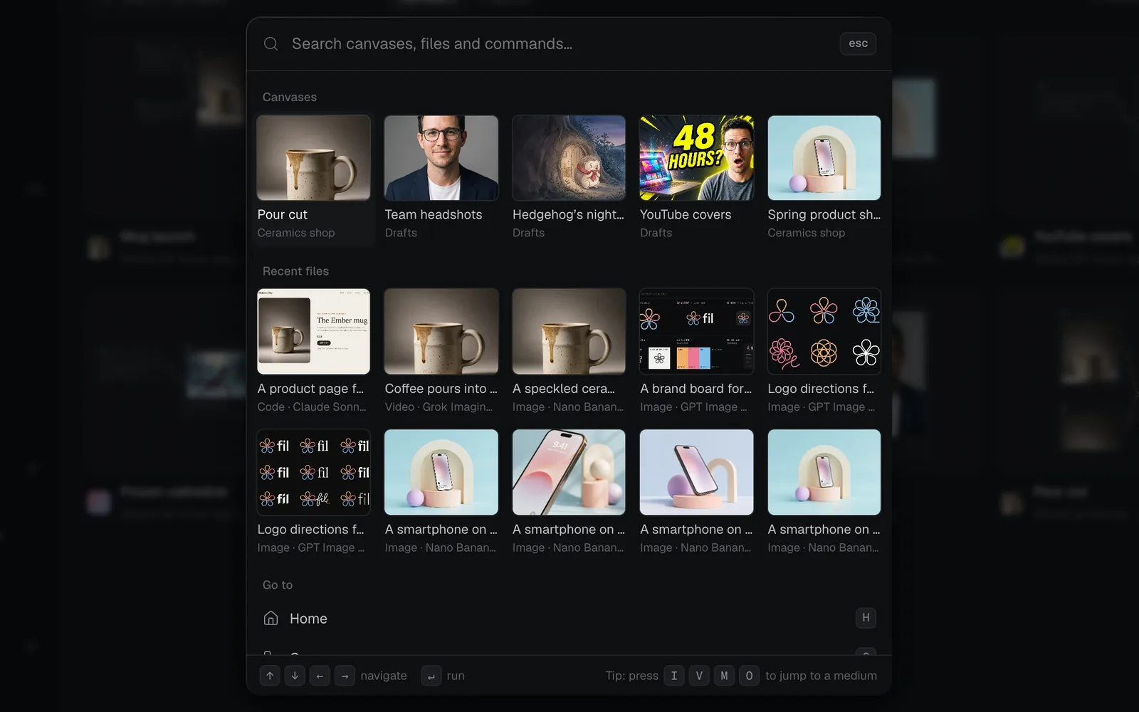 The command menu before typing: Canvases as pictures, Recent files with their models, then Go to with Home and its key, and the keys to navigate at the foot