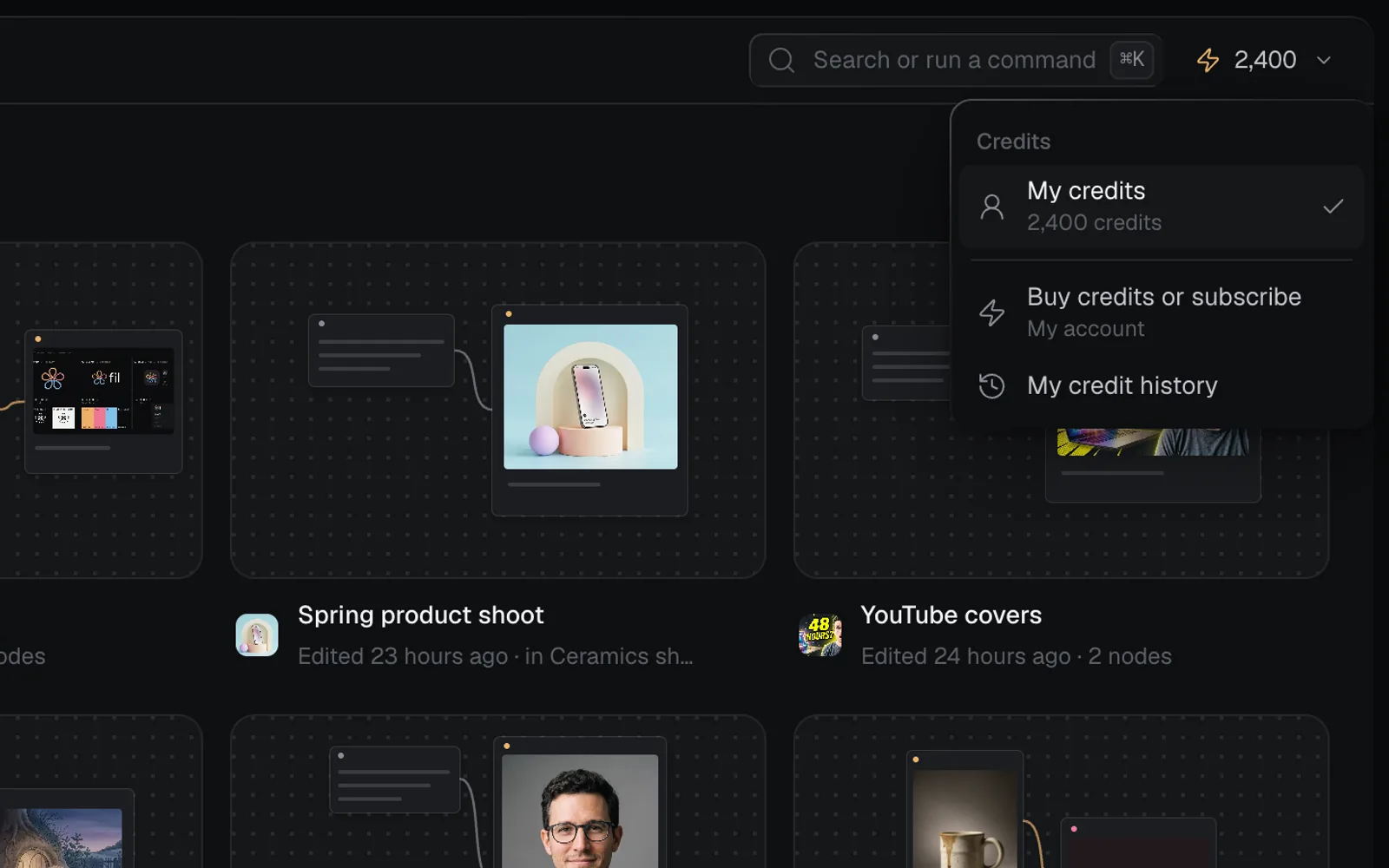 The credits menu open under the balance of 2,400: Credits, My credits with 2,400 credits ticked, Buy credits or subscribe for My account, and My credit history