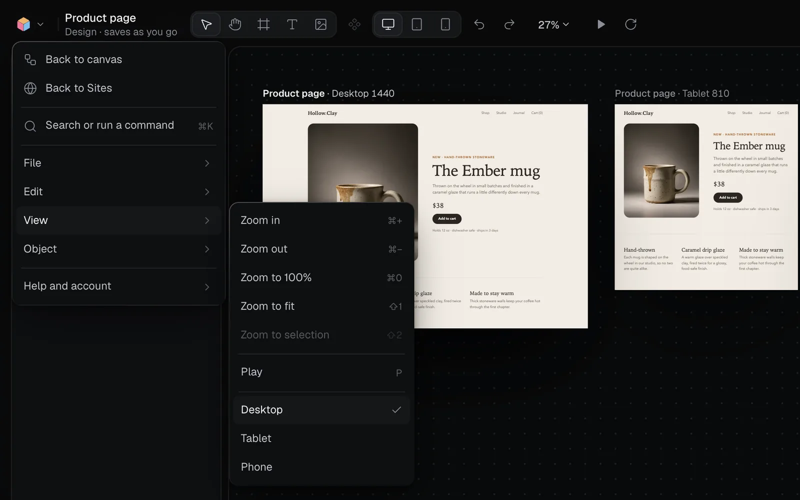 The Fil menu in the Design tab: Back to canvas, Back to Sites, Search or run a command, File, Edit, View, Object and Help and account, with View open on Zoom in, Zoom out, Zoom to 100%, Zoom to fit, Zoom to selection, Play, Desktop, Tablet and Phone