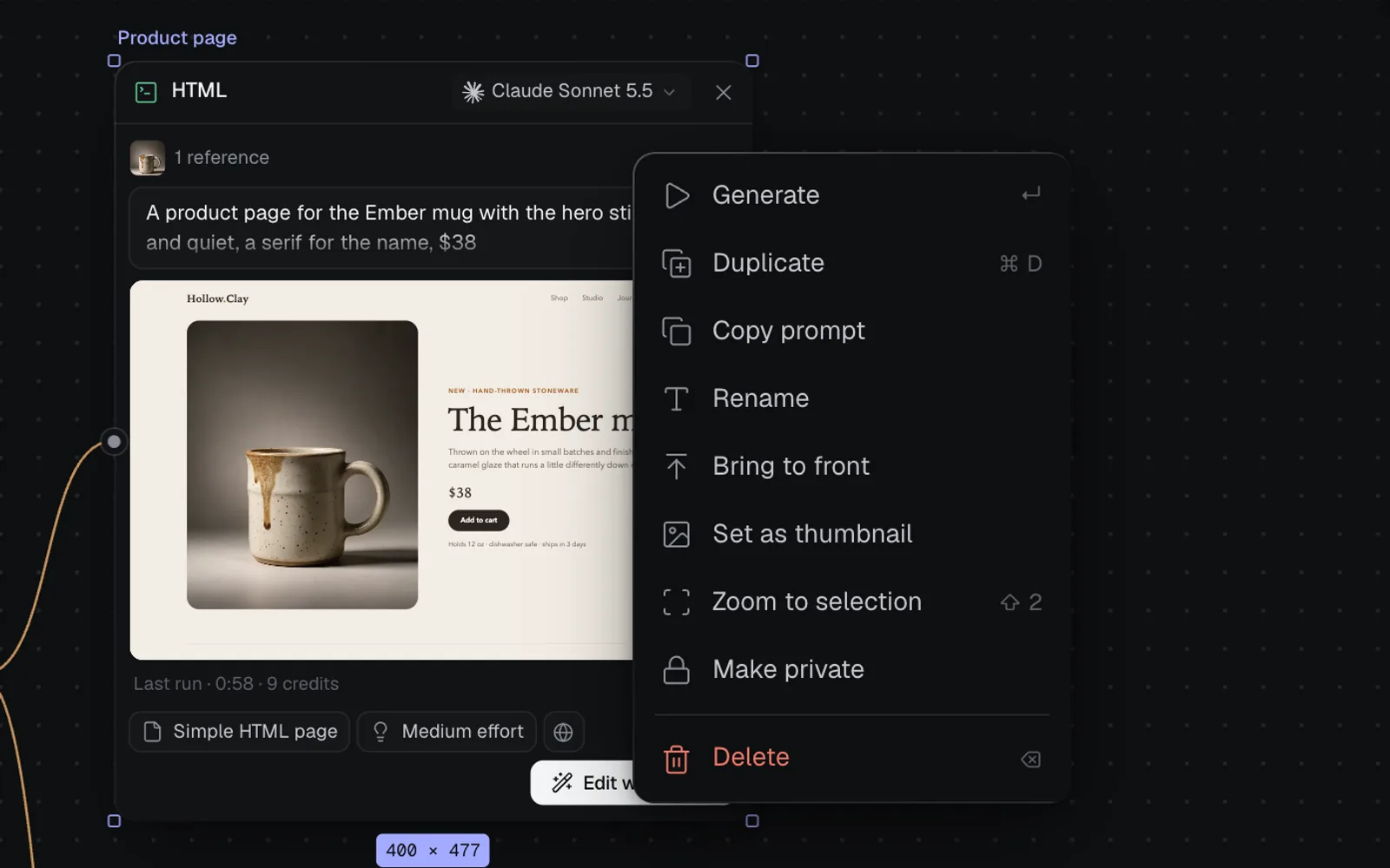 The menu of a selected Code node, Product page: Generate, Duplicate, Copy prompt, Rename, Bring to front, Set as thumbnail, Zoom to selection, Make private and Delete