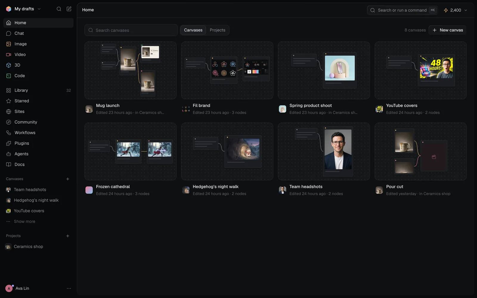 Fil's Home with the whole sidebar: My drafts, Home, Chat, Image, Video, 3D, Code, Library, Starred, Sites, Community, Workflows, Plugins, Agents and Docs, then Canvases, Projects and the account button, beside the workspace's canvas cards