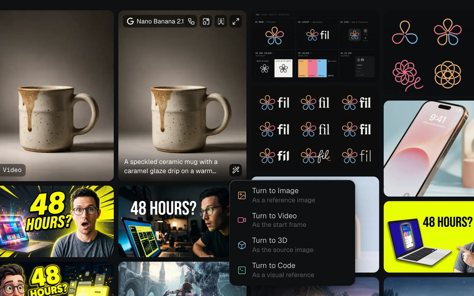 A mug picture hovered in the Library, with its model and buttons showing, and the Turn to menu open: Turn to Image as a reference image, Turn to Video as the start frame, Turn to 3D as the source image, Turn to Code as a visual reference