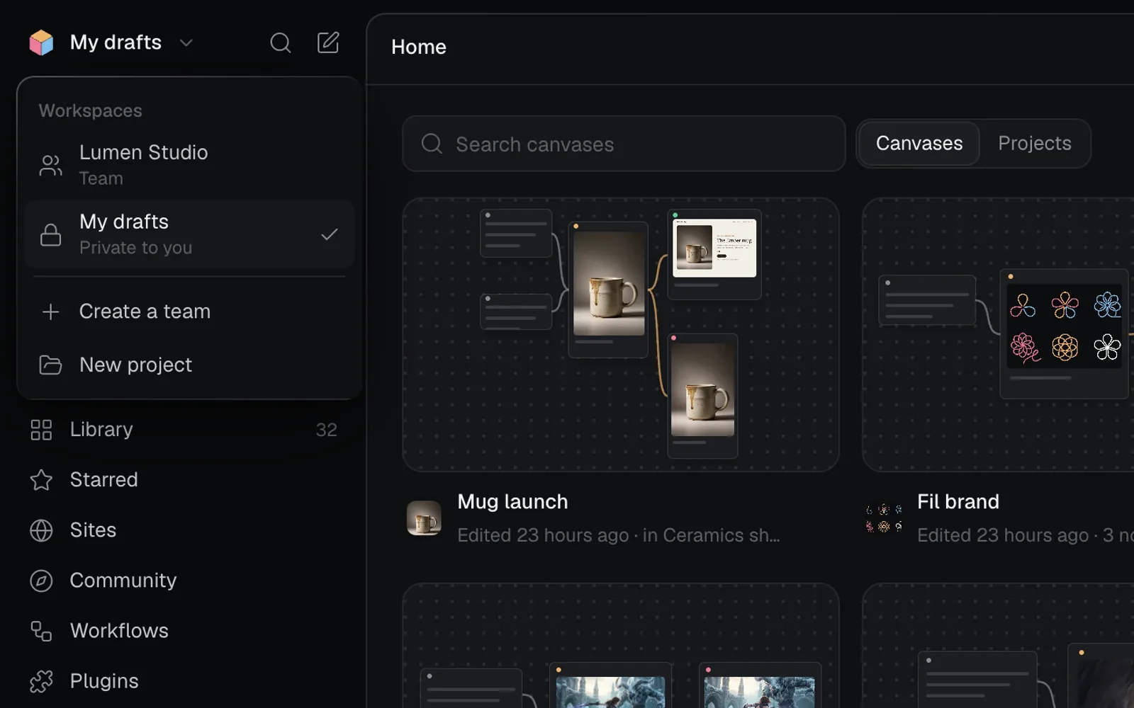 The workspace menu under My drafts: Workspaces, with Lumen Studio (Team) and My drafts (Private to you, ticked), then Create a team and New project