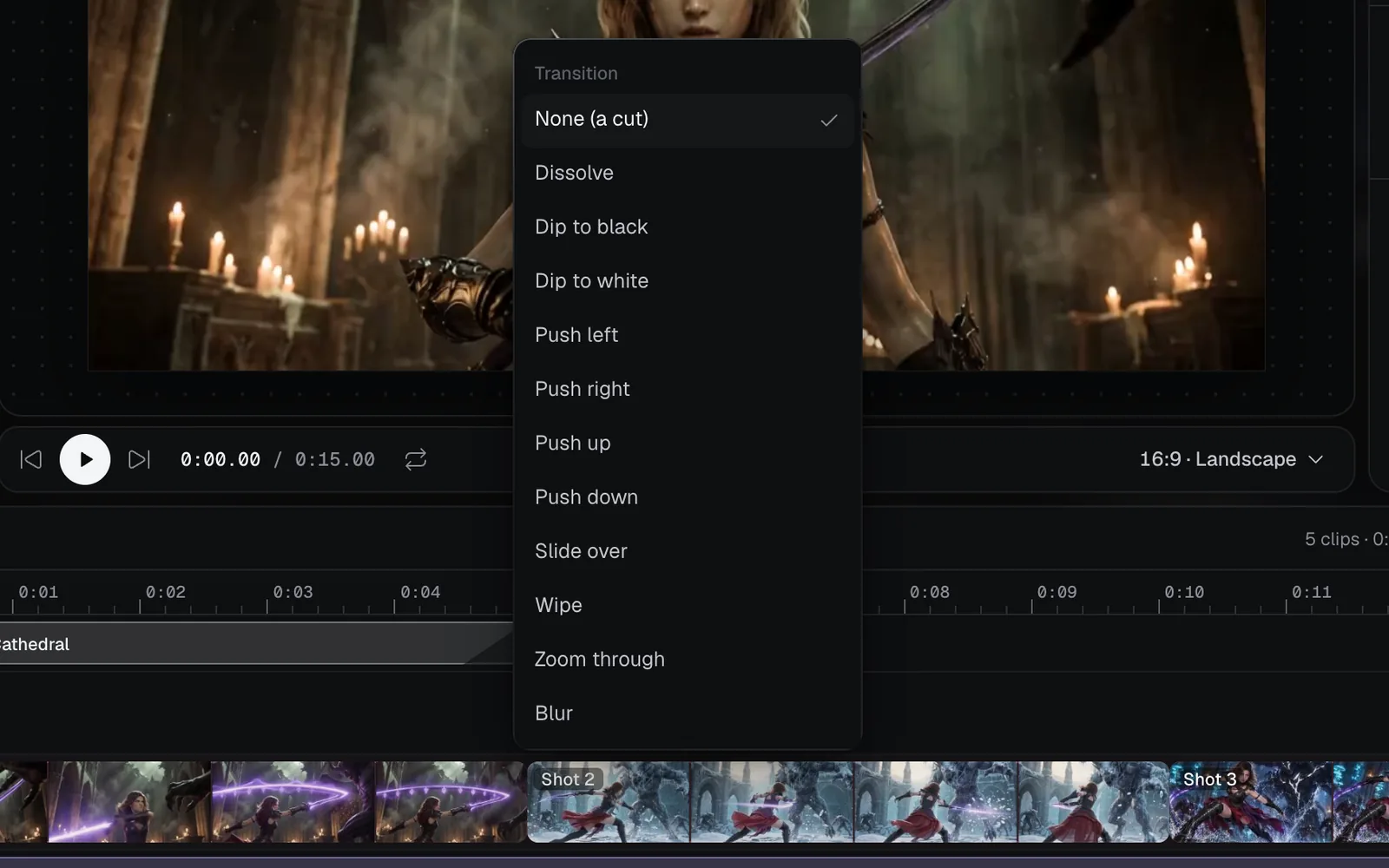 The Transition menu open on the cut between Shot 1 and Shot 2: None (a cut), Dissolve, Dip to black, Dip to white, Push left, Push right, Push up, Push down, Slide over, Wipe, Zoom through and Blur
