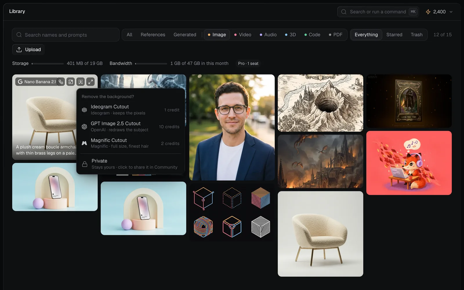 The Library, filtered to Image, with the armchair hovered and its icons showing, and the Remove the background? menu at its icon: Ideogram Cutout for 1 credit, GPT Image 2.5 Cutout for 10 and Magnific Cutout for 2, and Private, Stays yours, click to share it in Community
