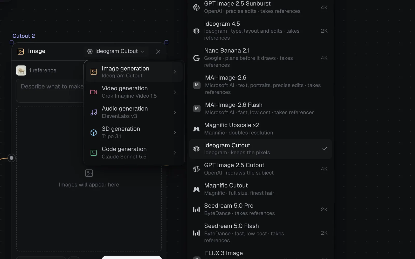 The Cutout node's model menu: Image generation, open, beside Video, Audio, 3D and Code generation, and the image models with Ideogram Cutout ticked, then GPT Image 2.5 Cutout and Magnific Cutout