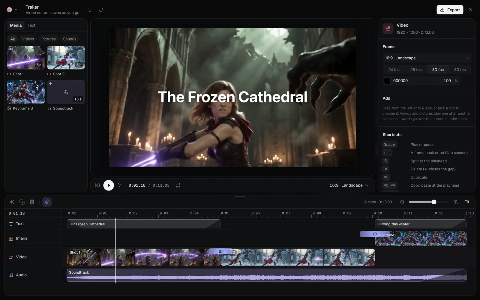 The video editor: the top bar with Trailer and Video editor · saves as you go, the Media panel with Shot 1, Shot 2, Keyframe 3 and Soundtrack on the left, the trailer's title frame on the stage, the Video inspector on the right, and the timeline with Text, Image, Video and Audio lanes along the bottom