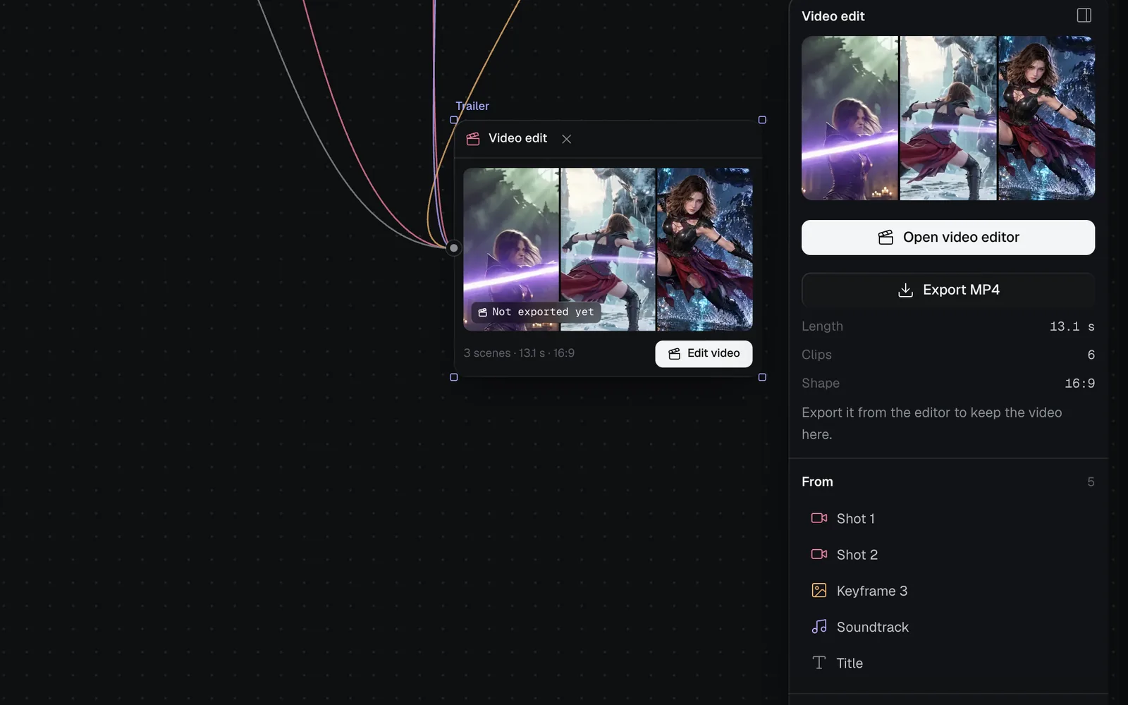 A Video edit node called Trailer with three scenes in a strip, Not exported yet, 3 scenes · 13.1 s · 16:9 and Edit video, beside its panel with Open video editor, Export MP4, Length 13.1 s, Clips 6 and Shape 16:9