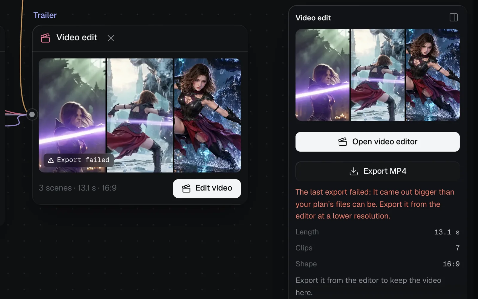 The Trailer node marked Export failed, its panel saying the file came out bigger than the plan allows