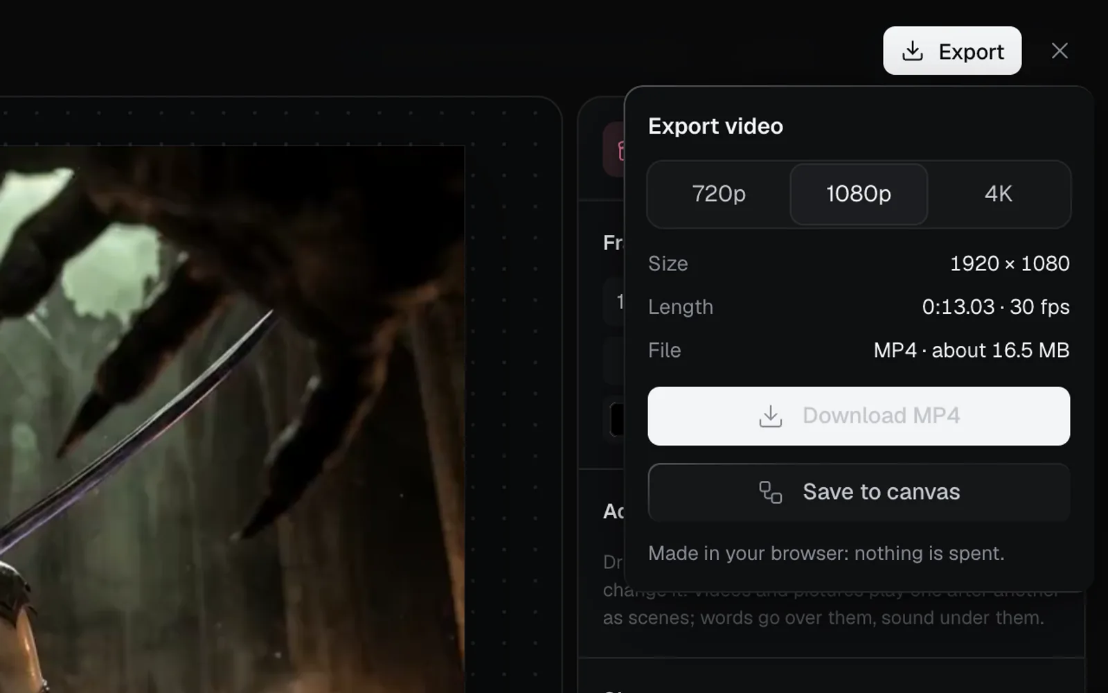 The Export video menu at 1080p: 1920 × 1080, 0:13.03 at 30 fps, about 16.5 MB, Download MP4 and Save to canvas