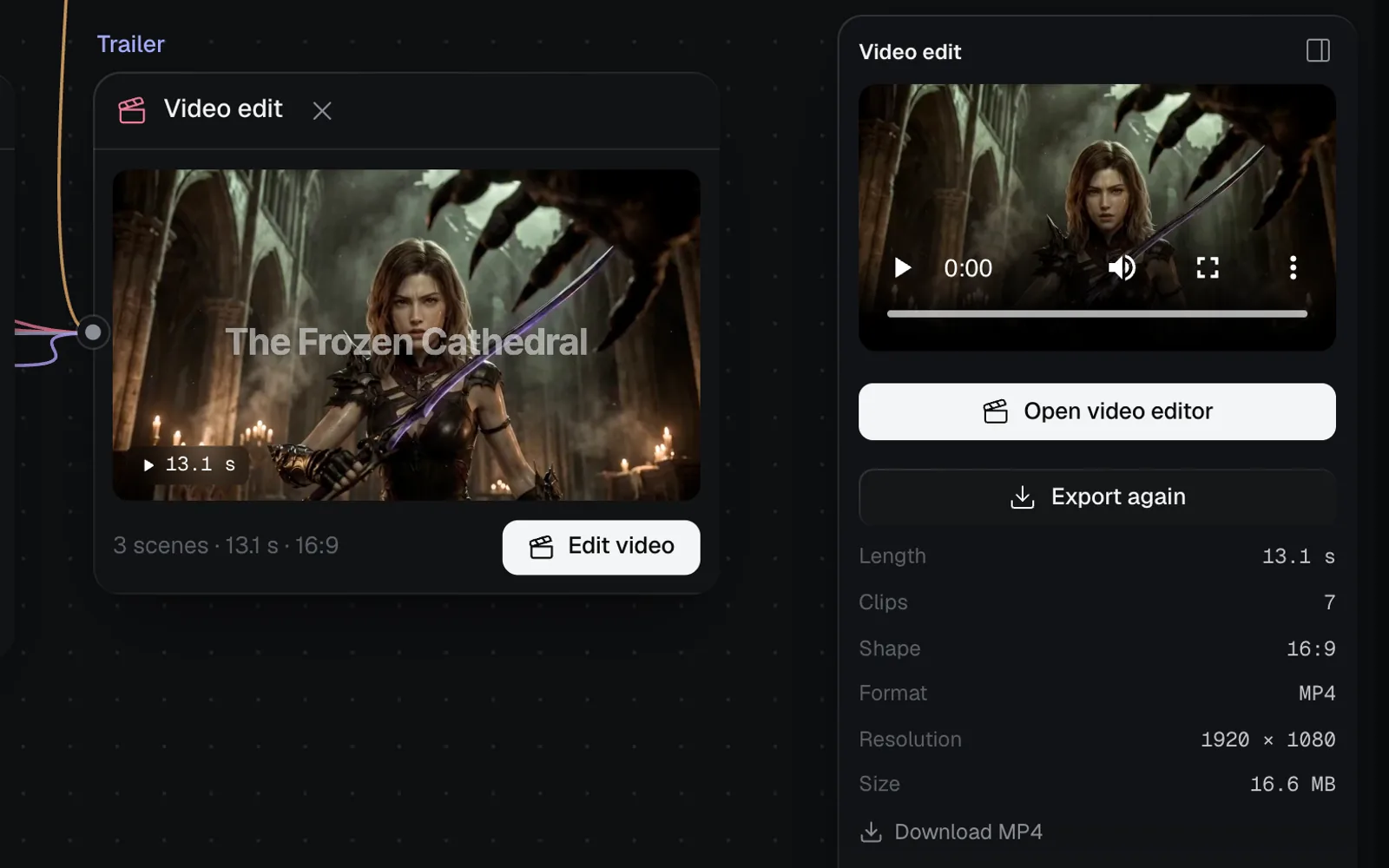 The Trailer node showing its MP4, 13.1 s, beside its panel: Export again, MP4, 1920 × 1080, 16.6 MB, Download MP4