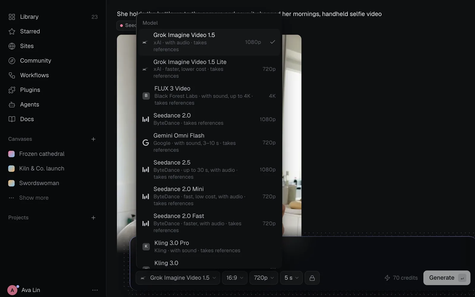 The Model menu open above the prompt box, listing Grok Imagine Video 1.5, Grok Imagine Video 1.5 Lite, FLUX 3 Video, Seedance 2.0, Gemini Omni Flash, Seedance 2.5 and more, each with its maker, strengths and top resolution
