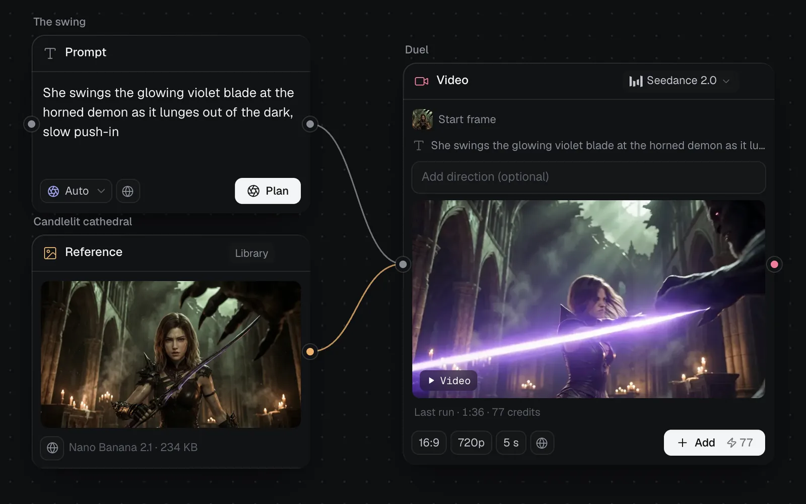 A canvas where a prompt and a candlelit cathedral keyframe feed a Video node on Seedance 2.0, labelled Start frame, with its clip of the violet blade swing and chips for 16:9, 720p and 5 s