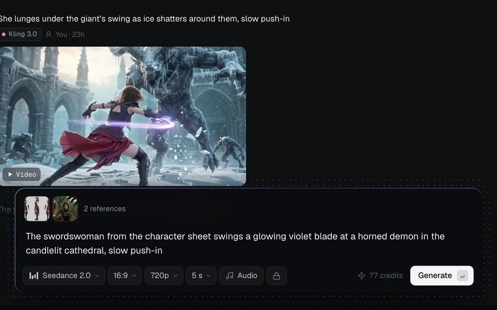 The prompt box with two references attached, a character sheet of the swordswoman and a candlelit cathedral keyframe, labelled 2 references, a prompt describing the swing, and Seedance 2.0 at 77 credits
