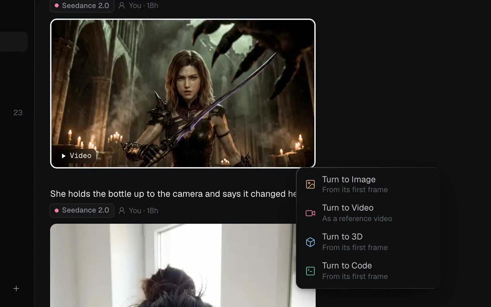 The Turn to… menu on a clip's tile: Turn to Image and Turn to 3D from its first frame, Turn to Video as a reference video, and Turn to Code from its first frame