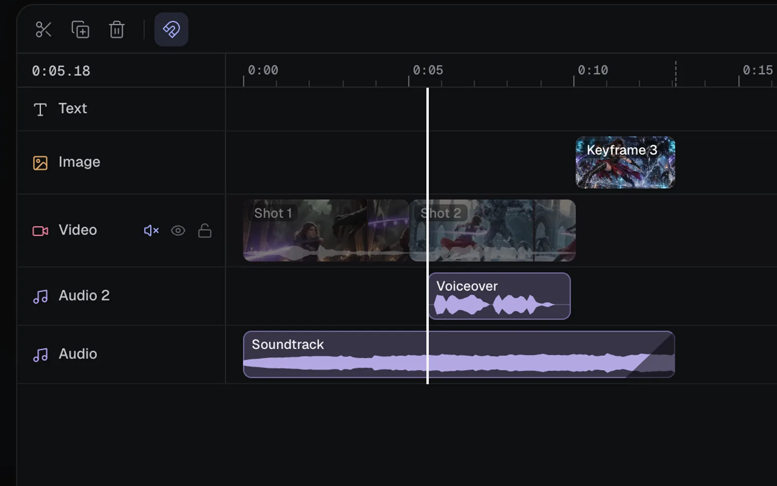 The lanes with the Video lane muted and its shots dimmed, the Voiceover on Audio 2 and the Soundtrack on Audio
