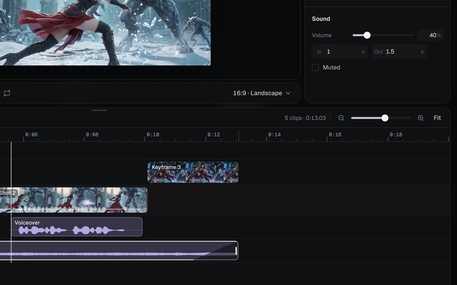 The selected music clip fading out at its end on the Audio lane, with Volume 40%, In 1 s and Out 1.5 s in the inspector