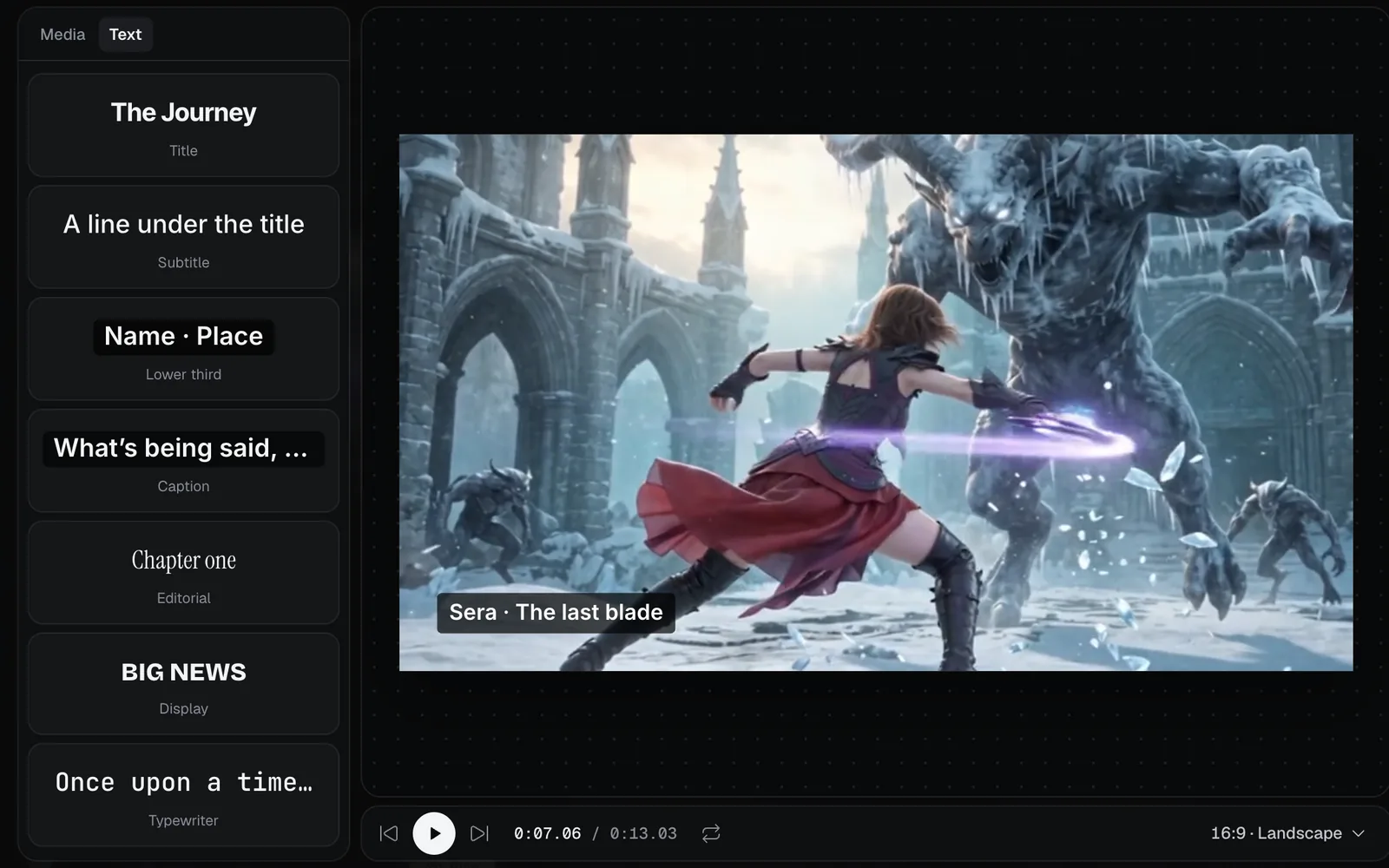 The Text tab’s seven styles, from Title to Typewriter, beside a lower third on a shot