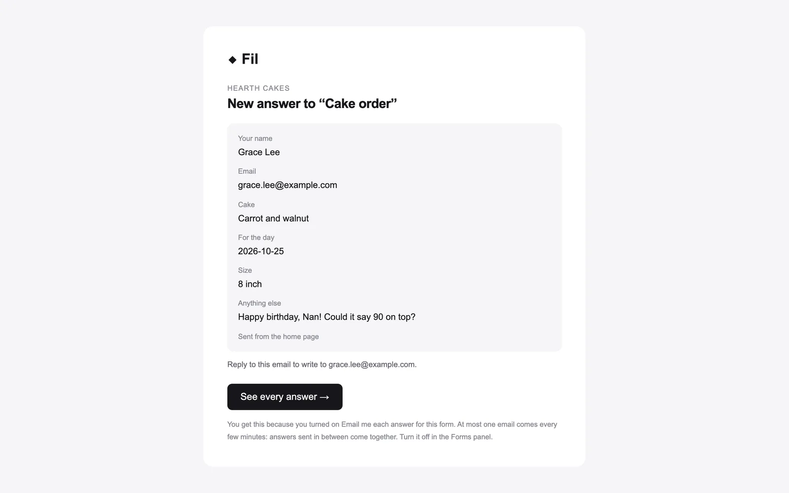 The email for a new cake order: New answer to Cake order, each question with its answer, Sent from the home page, Reply to this email to write to grace.lee@example.com, and See every answer