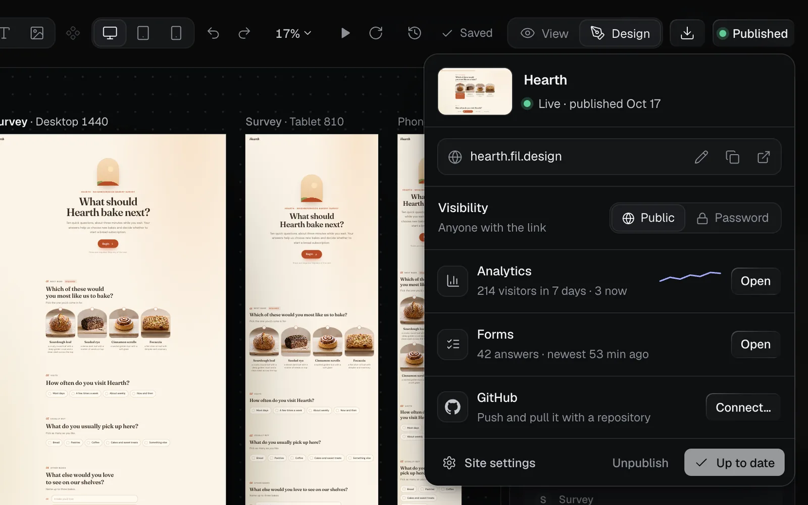 The Publish popover for the live survey: Hearth, Live, hearth.fil.design, Visibility Public, Analytics with 214 visitors in 7 days, Forms with 42 answers and Open, GitHub and Up to date