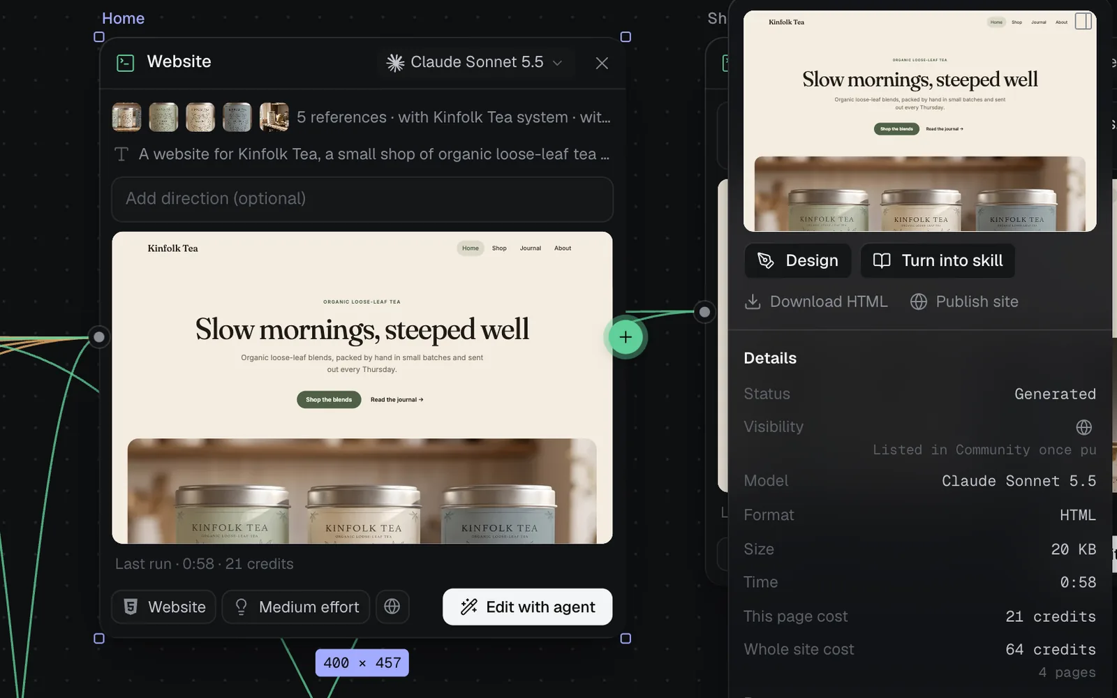 A selected Home page node beside its properties: Design, Turn into skill, Download HTML and Publish site, and Details saying This page cost 21 credits and Whole site cost 64 credits, 4 pages