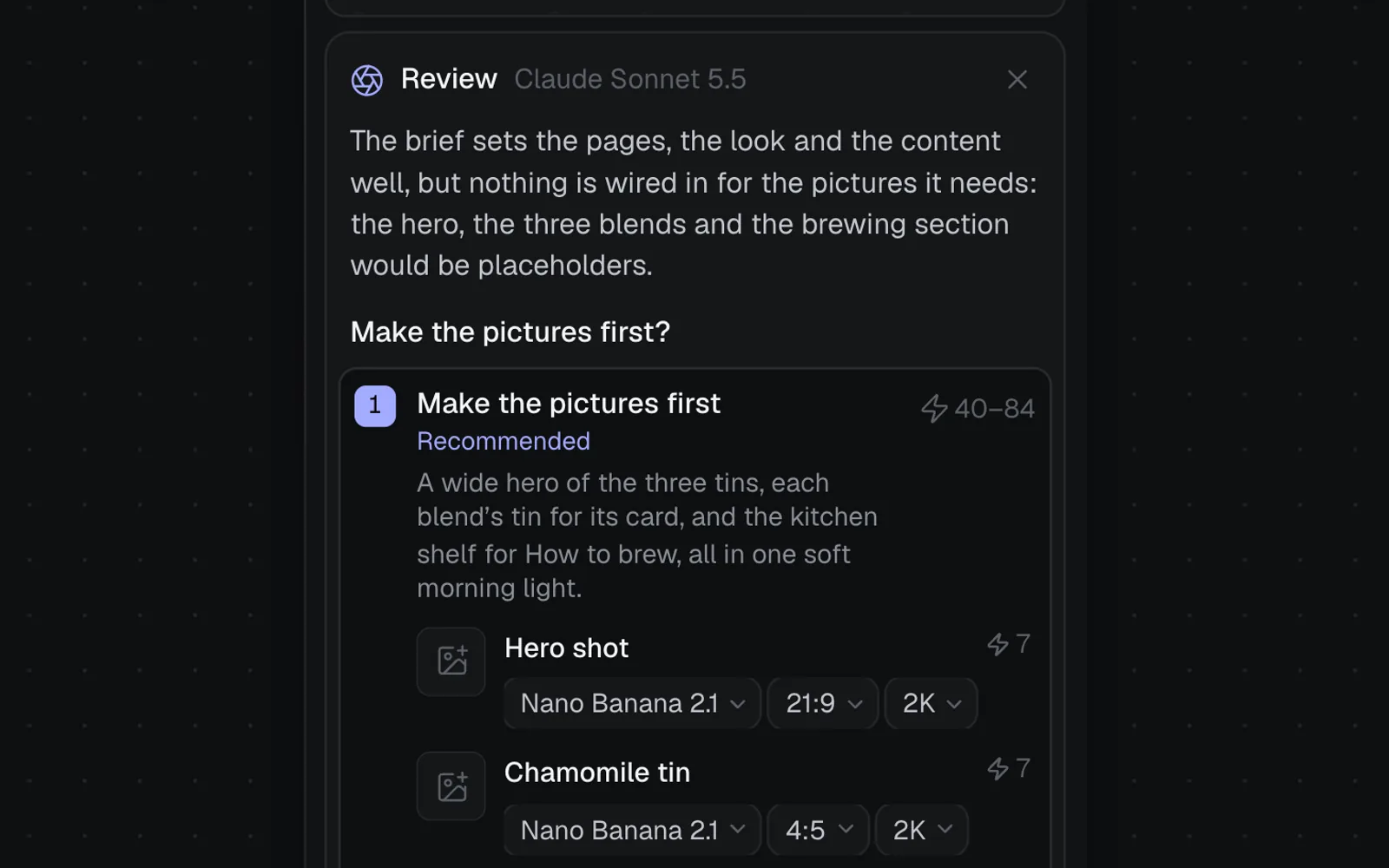 The Review card in a Code node: Claude Sonnet 5.5 says nothing is wired in for the pictures the brief needs, and option 1, Make the pictures first, Recommended, for 40–84 credits, lists a Hero shot at 21:9 and a Chamomile tin at 4:5, each on Nano Banana 2.1 at 2K