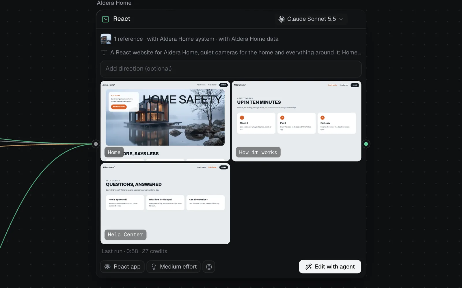 A React node for Aldera Home showing three page tiles, Home, How it works and Help Center, with Edit with agent below
