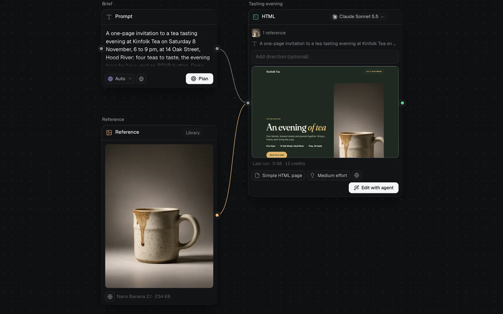 A Simple HTML node headed HTML, with a brief and a mug photo wired into it, showing an invitation page for a tea tasting evening
