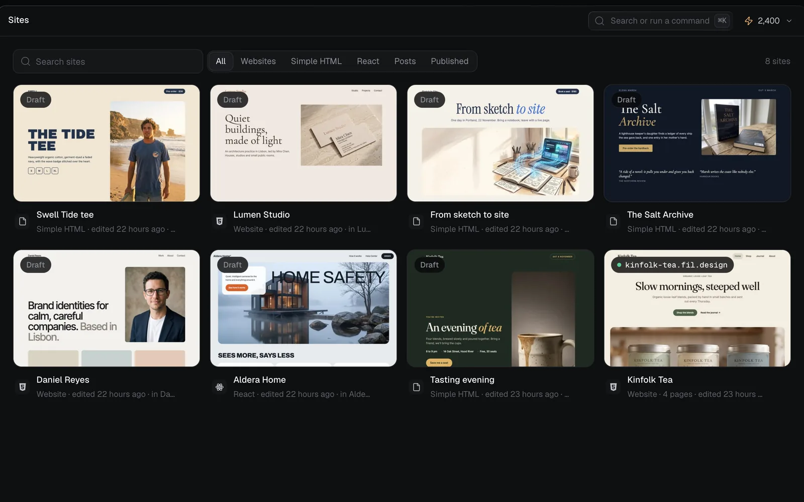 The Sites page with eight sites as cards: Simple HTML pages, Websites and a React app, each with a picture of its home page, its kind and when it was edited, and one live at kinfolk-tea.fil.design
