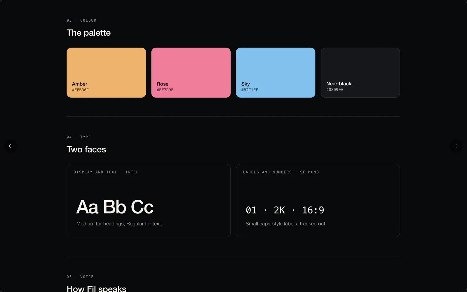 The brand guide open full size, scrolled to The palette (amber, rose, sky and near-black swatches) and Two faces (Inter for display and text, SF Mono for labels)