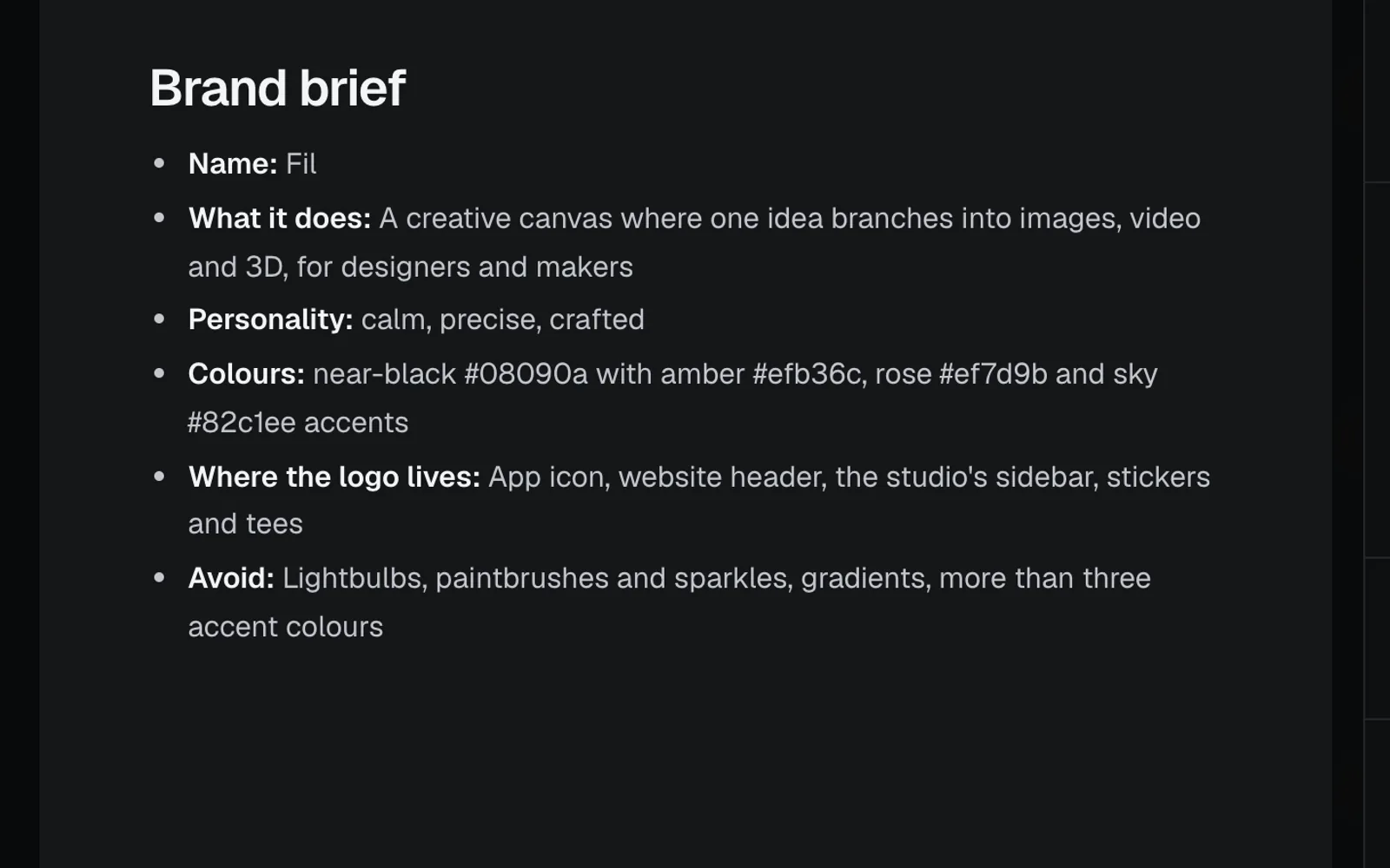 Brief.md open full size: Name Fil, what it does, calm, precise and crafted, near-black #08090a with amber, rose and sky, where the logo lives and what to avoid