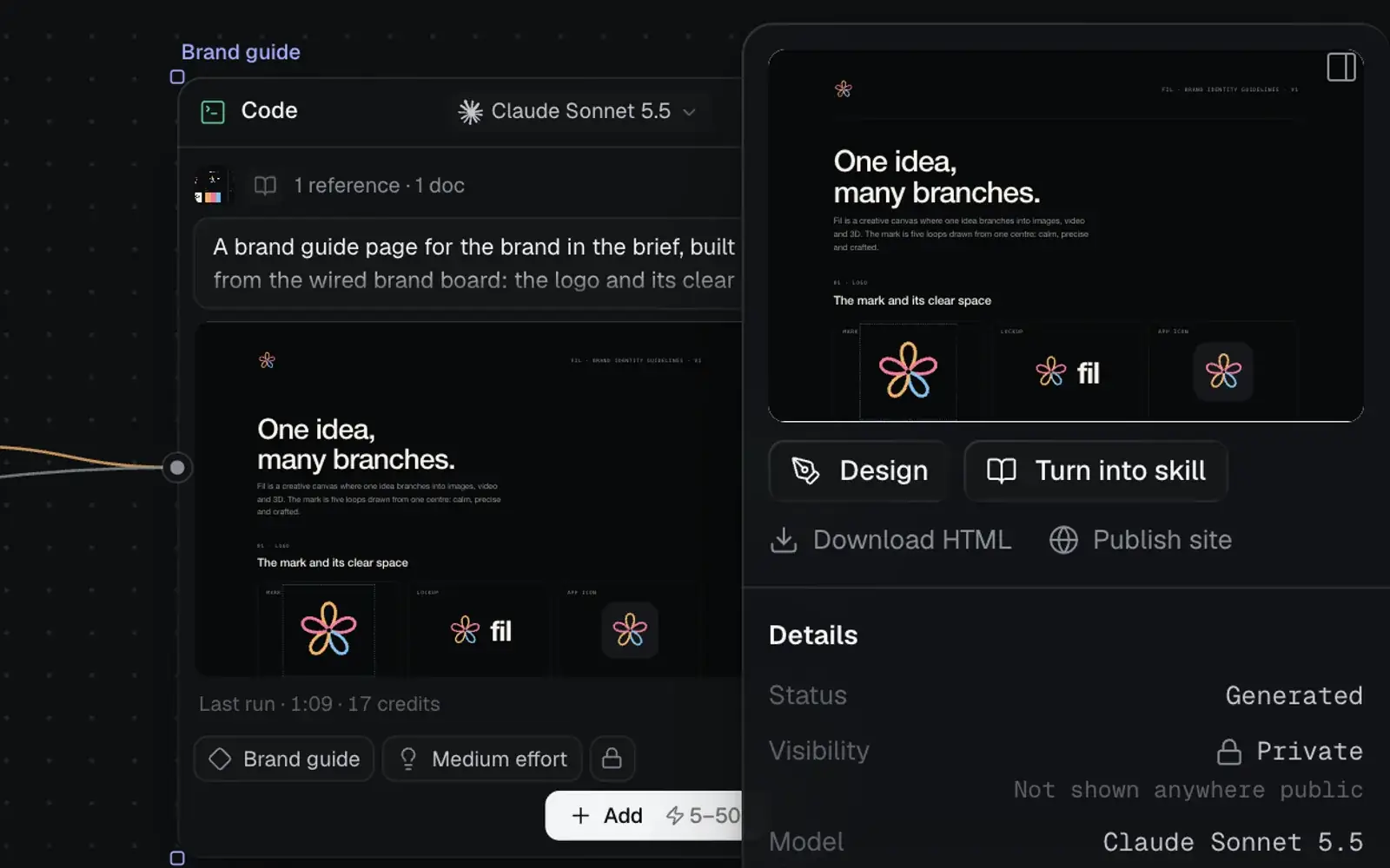 The Brand guide node selected, and its panel: the page preview, Design, Turn into skill, Download HTML and Publish site, above its details