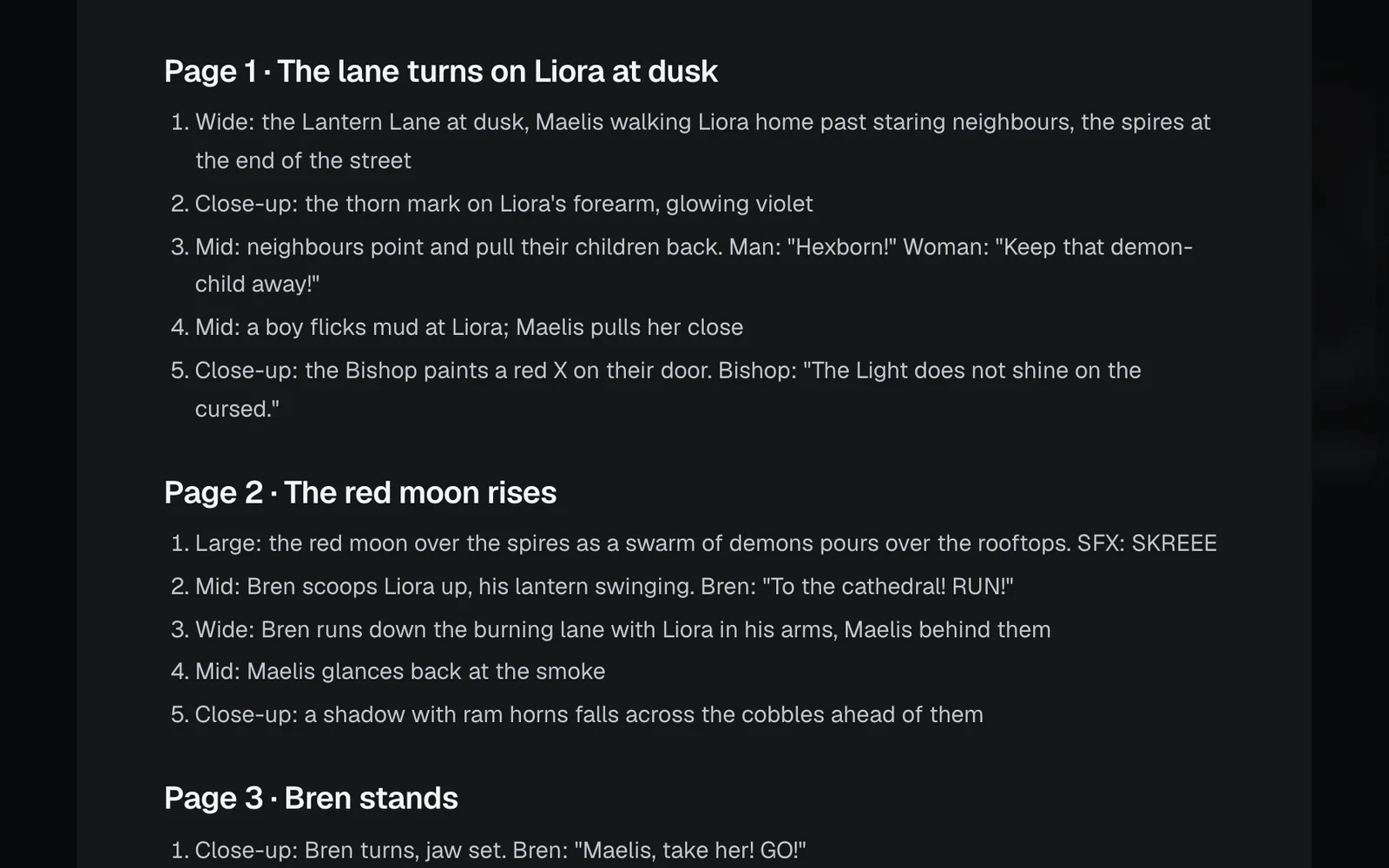 Script.md open full size: Page 1's five panels, from a wide shot of the Lantern Lane at dusk to the Bishop painting a red X on the door, then Page 2's panels as the red moon rises
