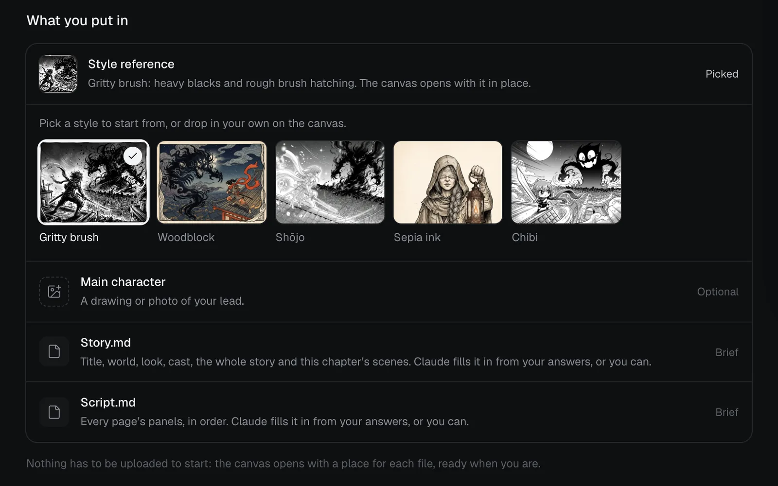 The workflow's page, What you put in: Gritty brush picked for Style reference beside Woodblock, Shōjo, Sepia ink and Chibi, then Main character, Story.md and Script.md