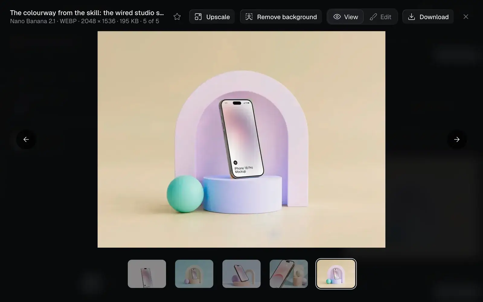 The colourway open full size: the phone on a periwinkle podium in front of a lilac arch, with a mint sphere on warm sand, Upscale, Remove background and Download in the bar, and the photo and all four pictures in the strip below