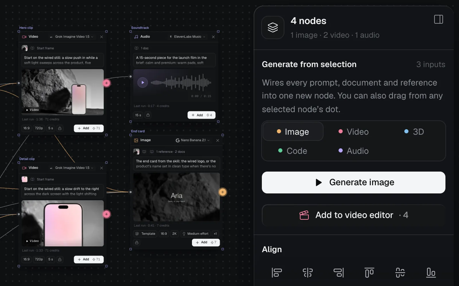 Hero clip, Detail clip, Soundtrack and End card selected, and the panel on the right reading 4 nodes, with Add to video editor