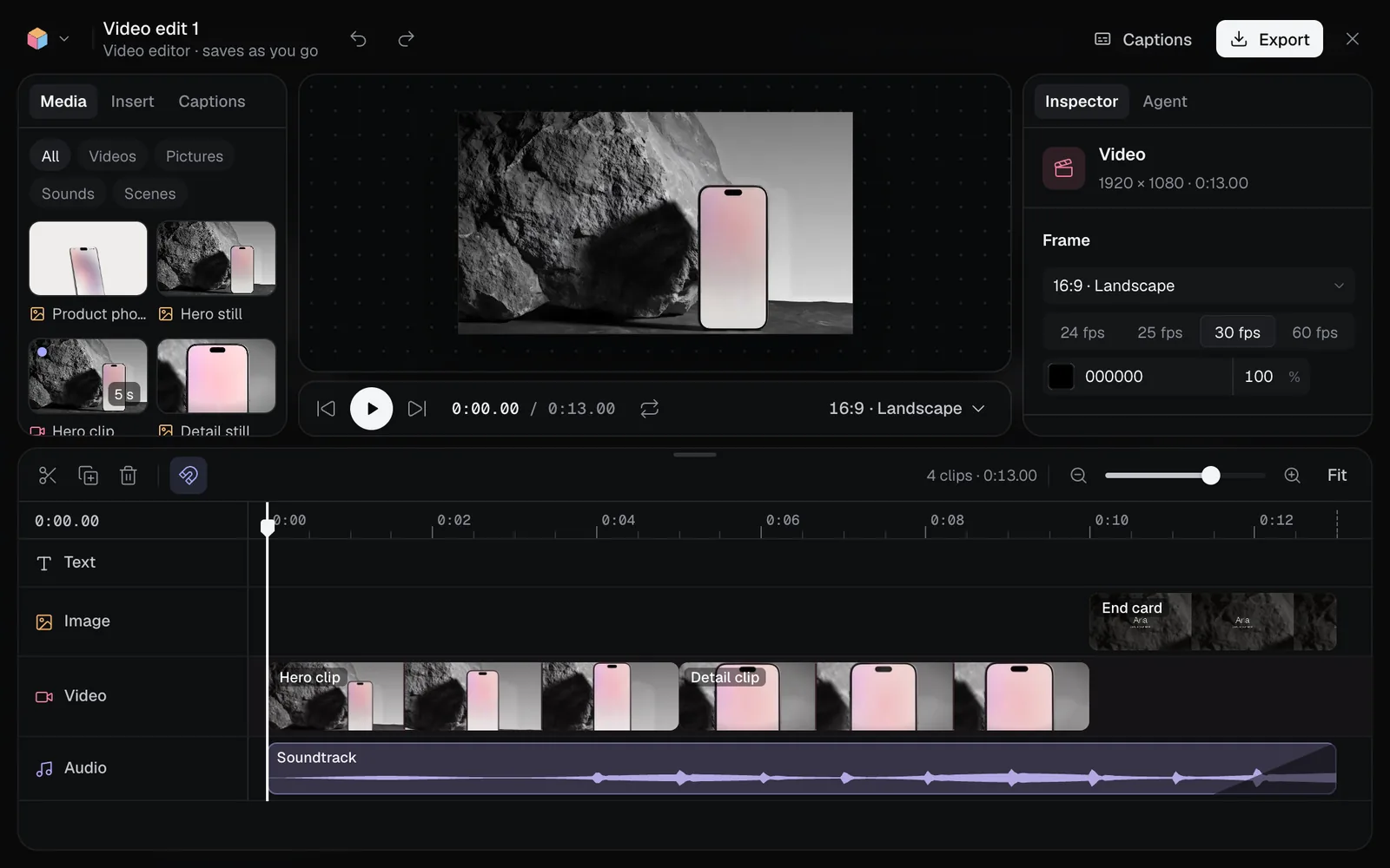 The video editor with Hero clip and Detail clip on the Video lane, the End card on the Image lane and the Soundtrack below: 4 clips, 13 seconds