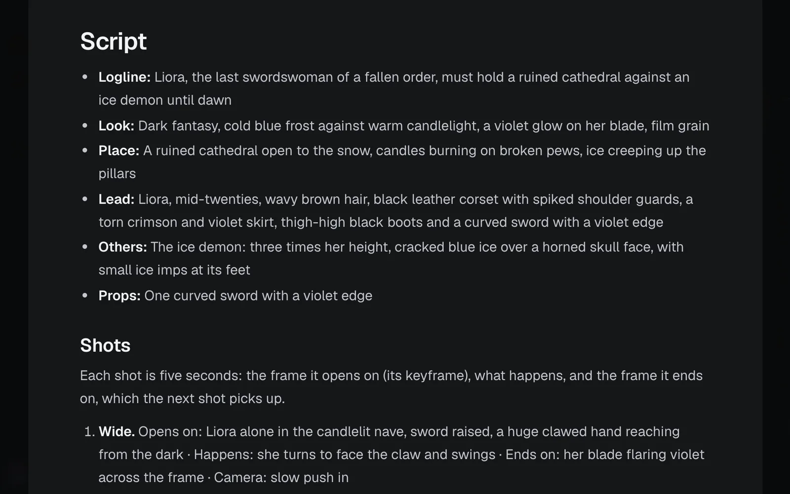 Script.md open full size: the logline, look, place, lead, the ice demon and one curved sword, then Shot 1 with the frame it opens on, what happens, the frame it ends on and its camera move