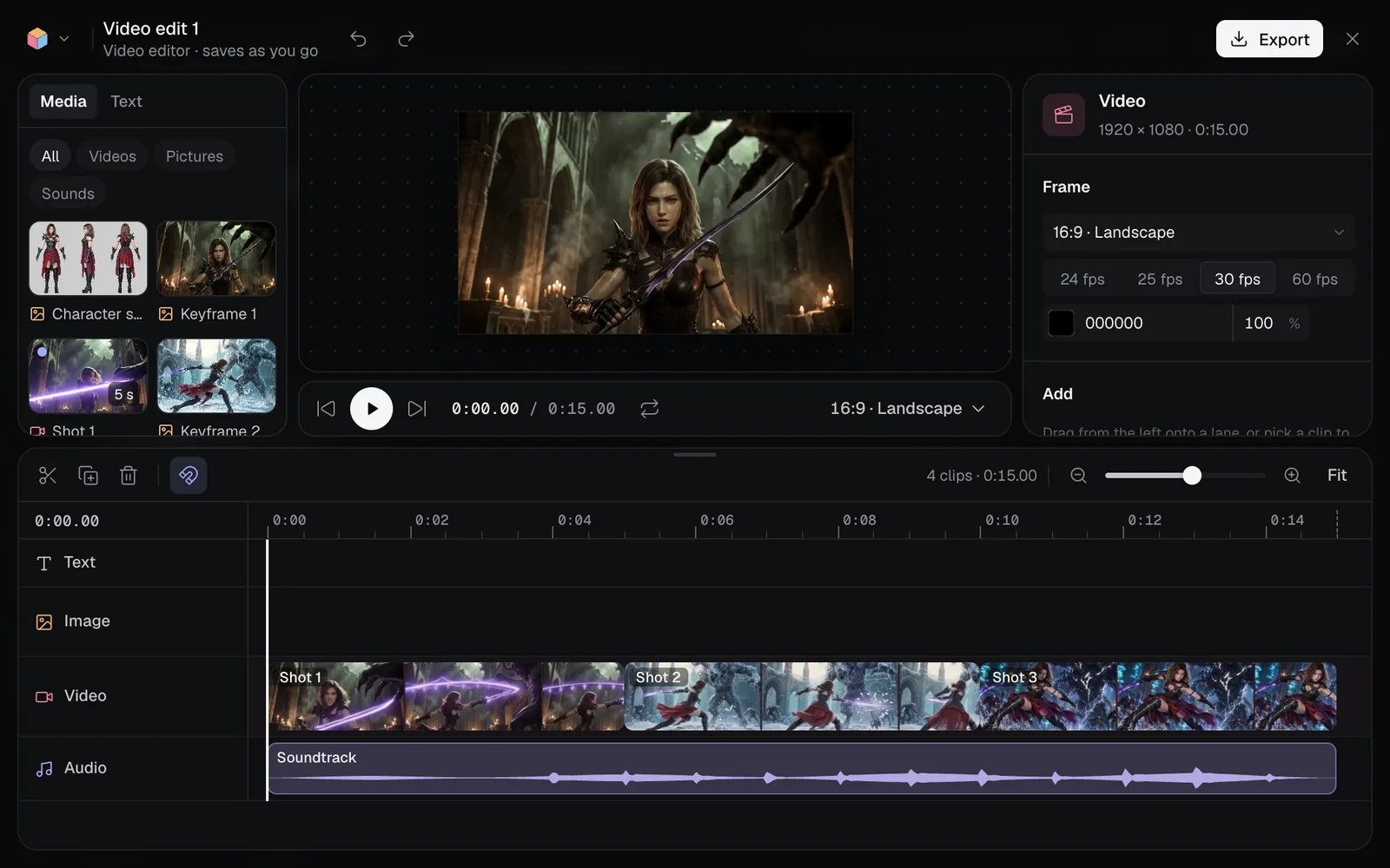 The video editor with Shot 1, Shot 2 and Shot 3 on the video lane and the Soundtrack under them, 15 seconds in all, and the first keyframe in the preview